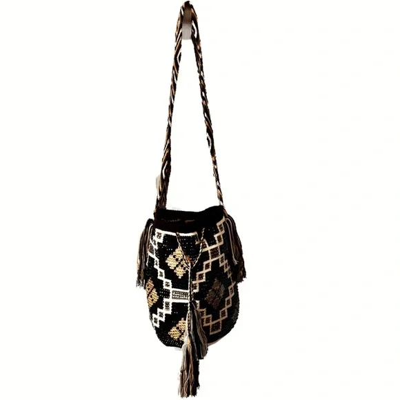 🥰3 for $30🥰Black Gold Crochet Geometric Patterned Boho Shoulder/Bucket/Hobo Bag - Picture 1 of 12